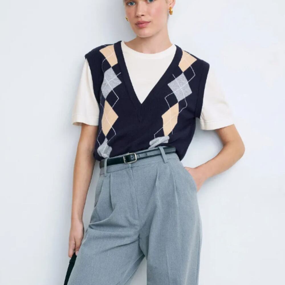 Sandro Blue Argyle Layered Sweater Vest Size 8 Preppy Punk Academia Cotton $300